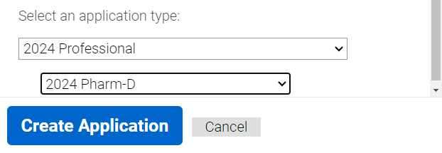 screenshot of items to select on Pharm.D. supplemental application